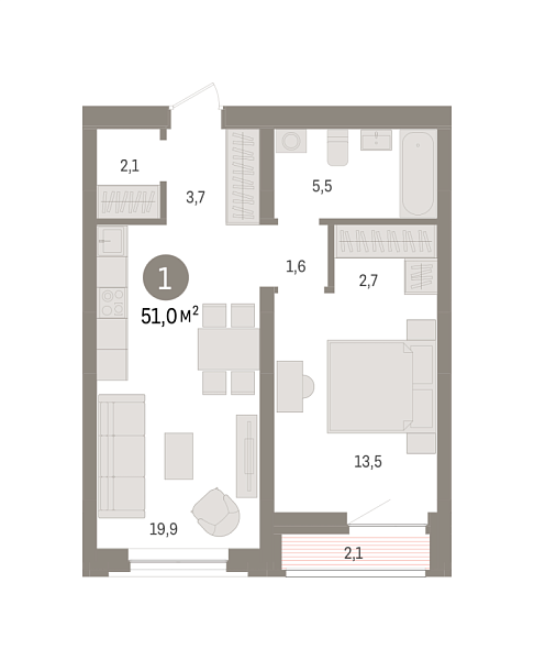 Новая 1-к квартира
 51 м² на 2/10 этаже в ЖК «Речной порт» в городе Тюмень 