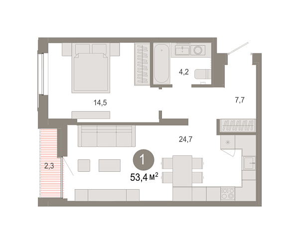 Новая 1-к квартира
 53.4 м² на 6/17 этаже в ЖК «Октябрьский на Туре» в городе Тюмень 