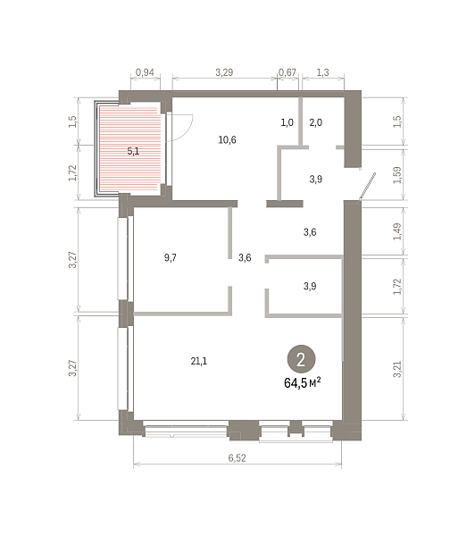 Количество комнат: 1,  64.5 кв.м.