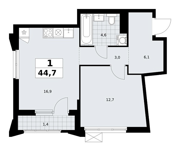 Новая 1-к квартира
 44.7 м² на 15/16 этаже в ЖК «Деснаречье» в городе Тюмень 