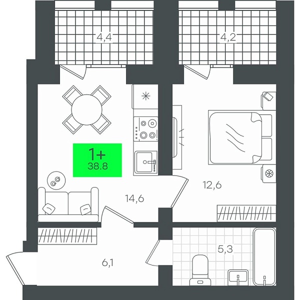 Новая 1-к квартира
 47.47 м² на 7/10 этаже в ЖК «Гранд Квартал» в городе Тюмень 