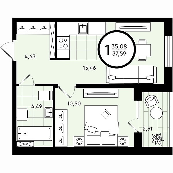 Квартира, 37 кв.м., Александра Звягина, 5