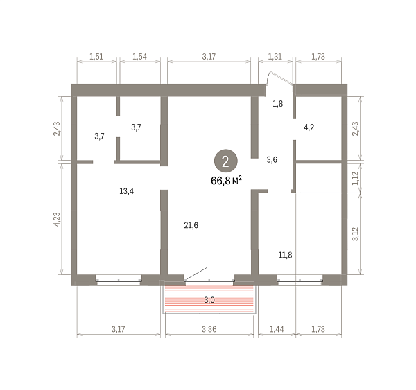 Количество комнат: 2,  66.79 кв.м.