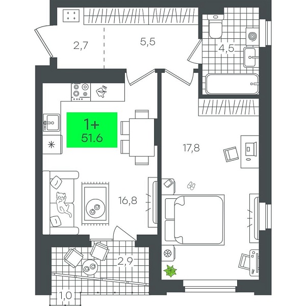 Новая 1-к квартира
 51.6 м² на 3/12 этаже в ЖК «Гранд Квартал» в городе Тюмень 