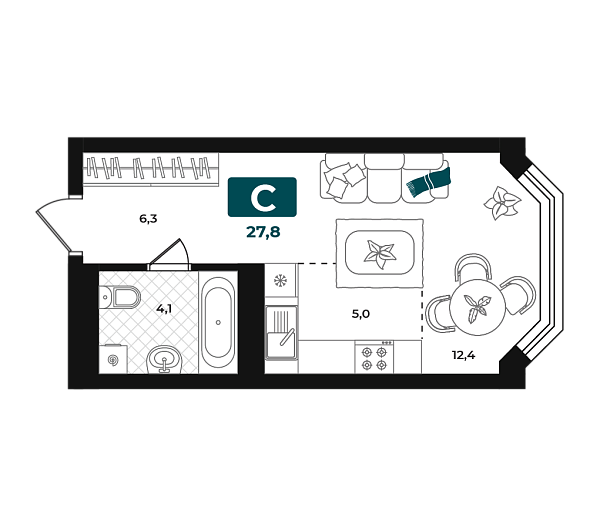 Новая квартира-студия
 27.8 м² на 14/23 этаже в ЖК «Добро» в городе Тюмень 
