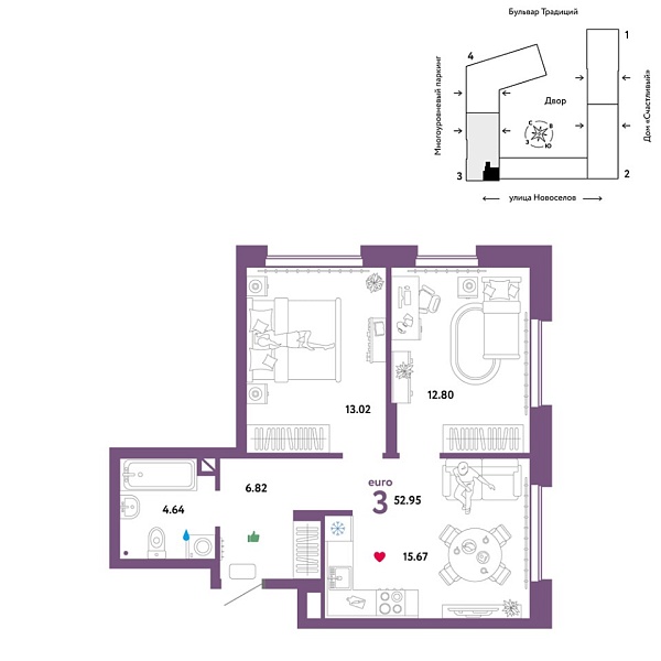 Новая 3-к квартира
 52.95 м² на 5/16 этаже в ЖК «Домашний» в городе Тюмень 