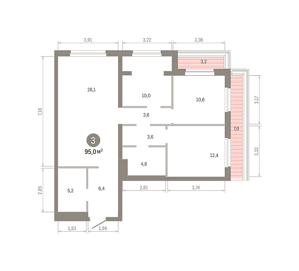 Количество комнат: 3,  95 кв.м.