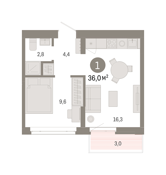 Новая 1-к квартира
 35.98 м² на 7/8 этаже в ЖК «Республики 205» в городе Тюмень 