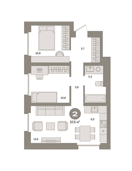 Новая 2-к квартира
 57.5 м² на 16/31 этаже в ЖК «Квартал «Метроном»» в городе Тюмень 
