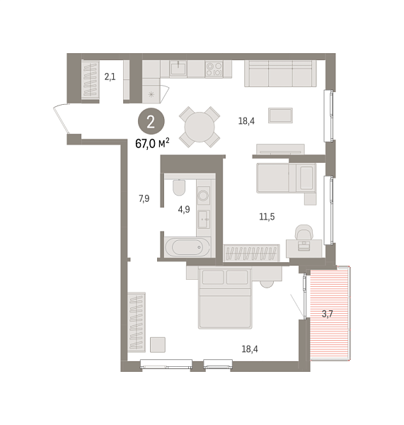 Новая 2-к квартира
 66.97 м² на 6/9 этаже в ЖК «Брусника в Новоселье» в городе Тюмень 