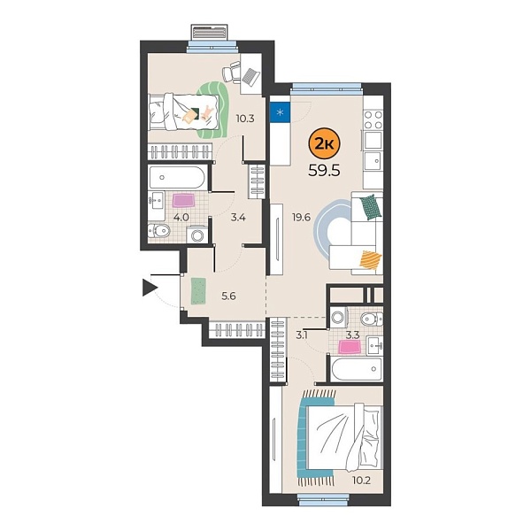 Новая 2-к квартира
 59.5 м² на 9/25 этаже в ЖК «Корней» в городе Тюмень 