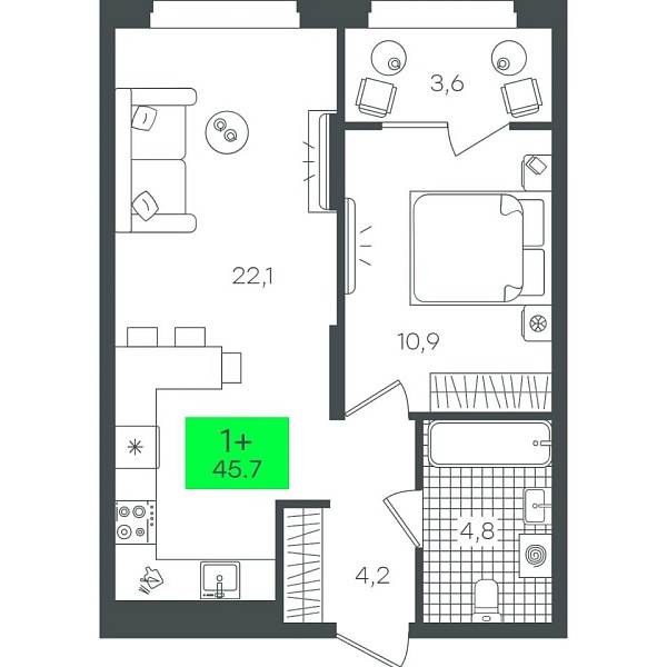 Новая 1-к квартира
 45.72 м² на 1/22 этаже в ЖК «Гранд Квартал» в городе Тюмень 