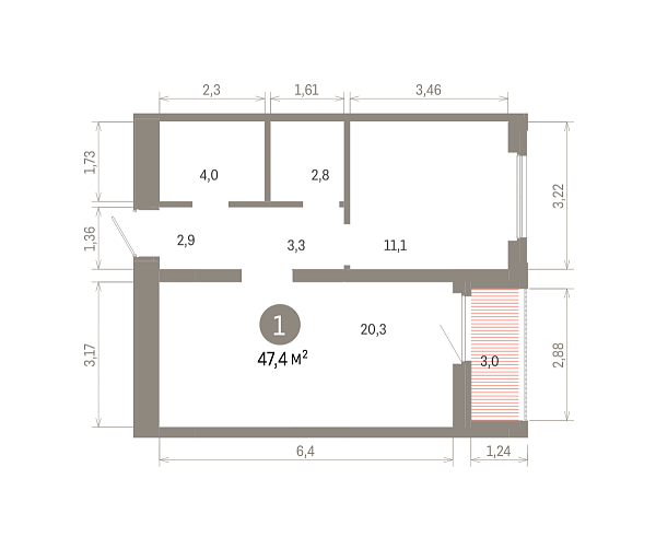 Количество комнат: 1,  47.44 кв.м.