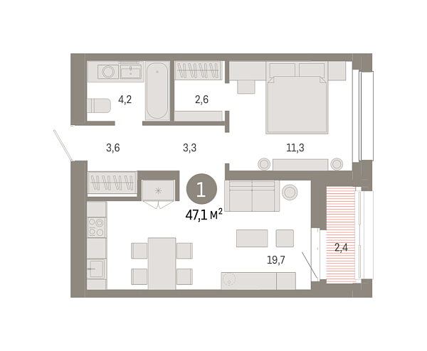 Новая 1-к квартира
 47.1 м² на 12/17 этаже в ЖК «Квартал Нефть» в городе Тюмень 
