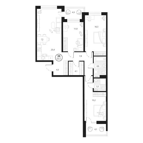 Новая 3-к квартира
 101.1 м² на 2/22 этаже в ЖК «Маэстро» в городе Тюмень 