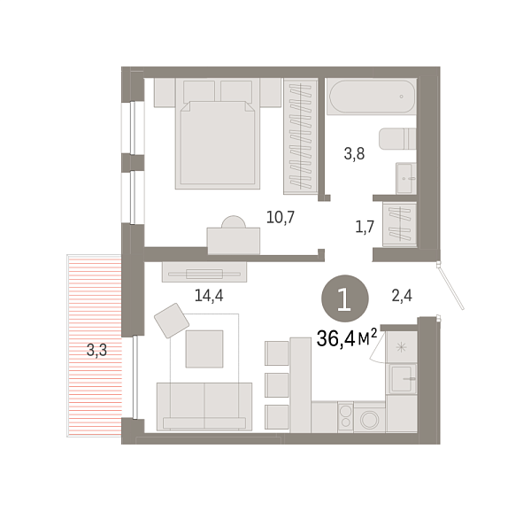 Новая 1-к квартира
 36.38 м² на 8/9 этаже в ЖК «Республики 205» в городе Тюмень 
