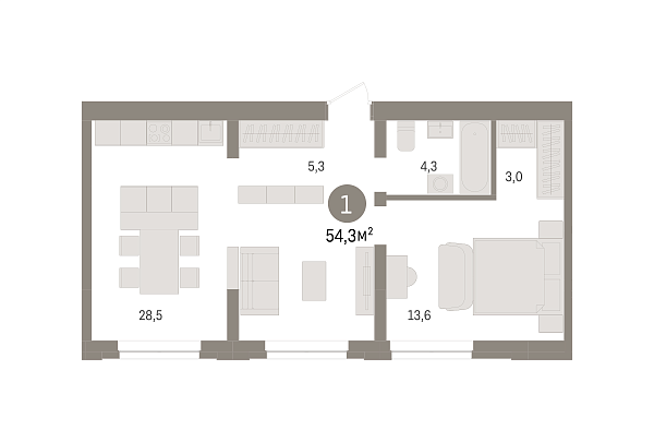 Новая 1-к квартира
 54.3 м² на 3/8 этаже в ЖК «Речной порт» в городе Тюмень 