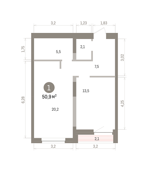 Количество комнат: 1,  50.9 кв.м.