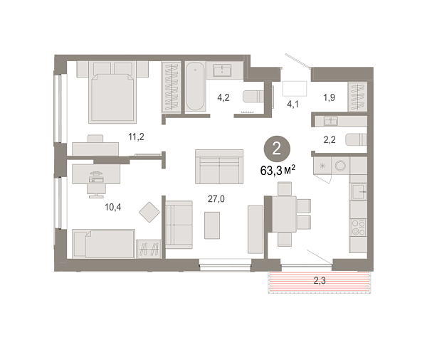Новая 2-к квартира
 63.34 м² на 5/7 этаже в ЖК «Октябрьский на Туре» в городе Тюмень 