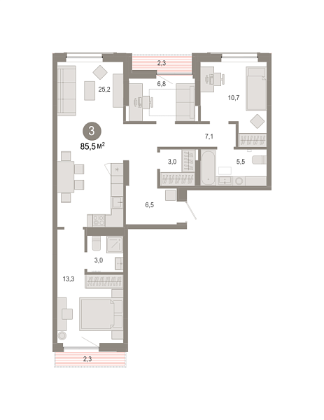 Новая 3-к квартира
 85.54 м² на 6/9 этаже в ЖК «Октябрьский на Туре» в городе Тюмень 