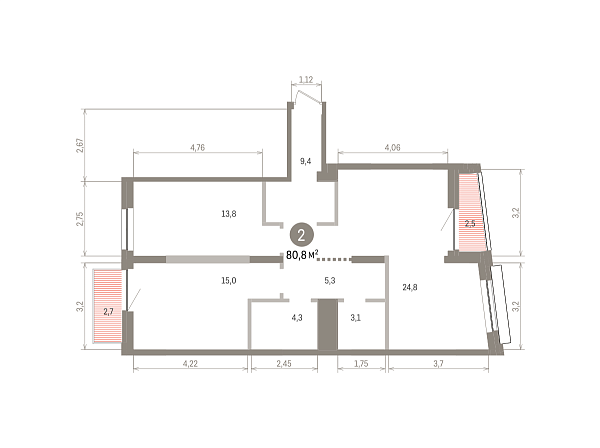 Количество комнат: 2,  80.3 кв.м.