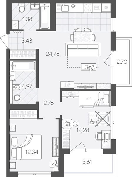Новая 2-к квартира
 71.25 м² на 4/9 этаже в ЖК «Скандиа. Квартал в Комарово Парк» в городе Тюмень 