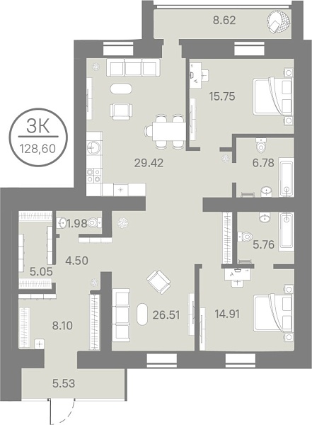 Новая 3-к квартира
 119.6 м² на 1/9 этаже в ЖК «Ария» в городе Тюмень 