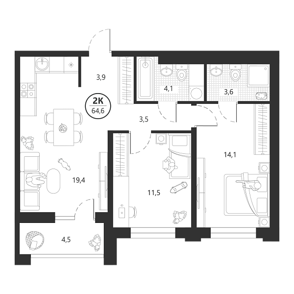 Новая 2-к квартира
 64.5 м² на 2/22 этаже в ЖК «Маэстро» в городе Тюмень 