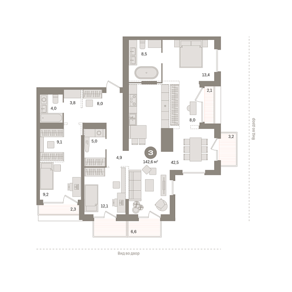 Новая 3-к квартира
 142.6 м² на 24/25 этаже в ЖК «Октябрьский на Туре» в городе Тюмень 