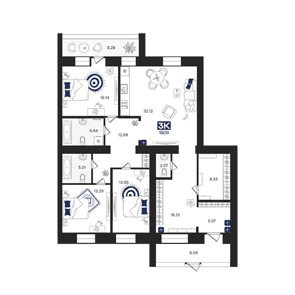 Новая 3-к квартира
 132.1 м² на 1/9 этаже в ЖК «Ария» в городе Тюмень 
