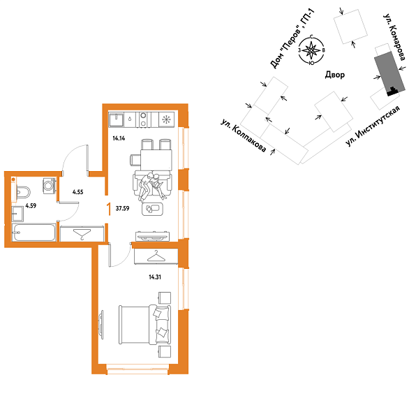 Новая 1-к квартира
 37.59 м² на 13/25 этаже в ЖК «Страна.Парковая» в городе Тюмень 
