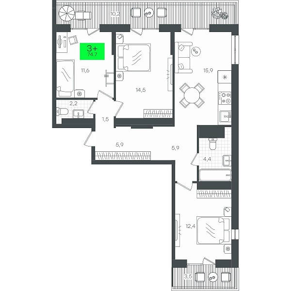 Количество комнат: 3,  88.58 кв.м.