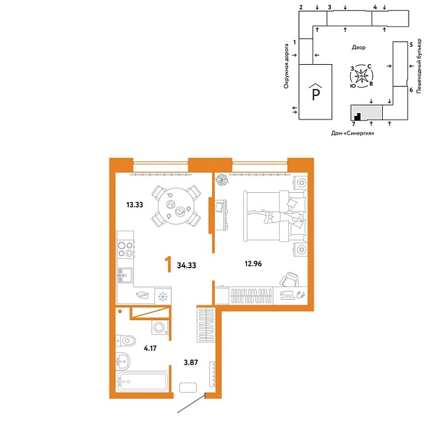 Новая 1-к квартира
 34.33 м² на 12/16 этаже в ЖК «Юнион» в городе Тюмень 
