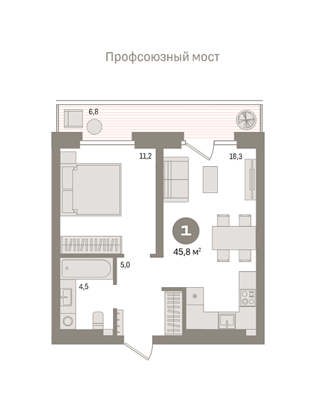 Новая 1-к квартира
 45.8 м² на 5/9 этаже в ЖК «Речной порт» в городе Тюмень 
