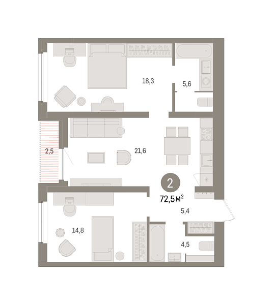 Новая 2-к квартира
 72.47 м² на 5/16 этаже в ЖК «Зарека» в городе Тюмень 