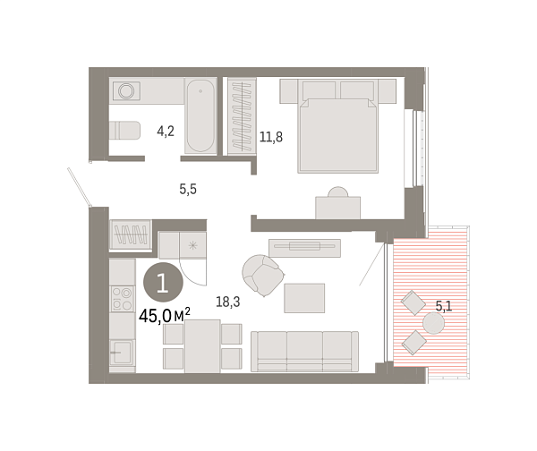 Новая 1-к квартира
 44.96 м² на 20/25 этаже в ЖК «Октябрьский на Туре» в городе Тюмень 