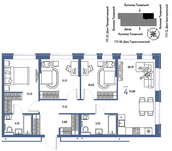 Новая 4-к квартира
 77.89 м² на 5/11 этаже в ЖК «Домашний» в городе Тюмень 