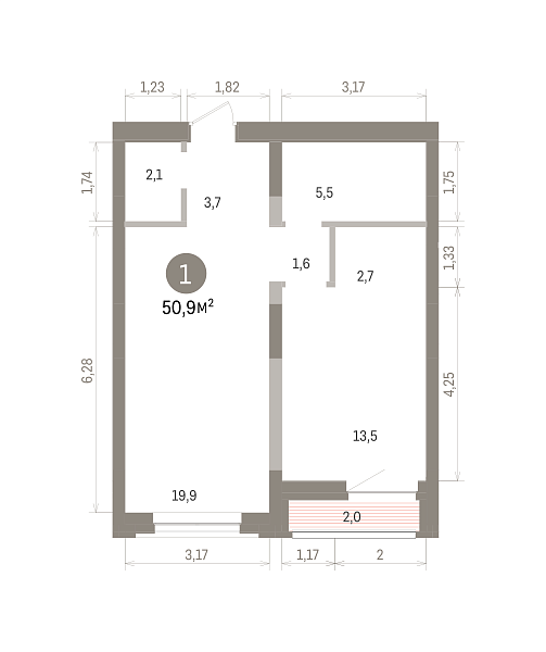 Количество комнат: 1,  50.6 кв.м.