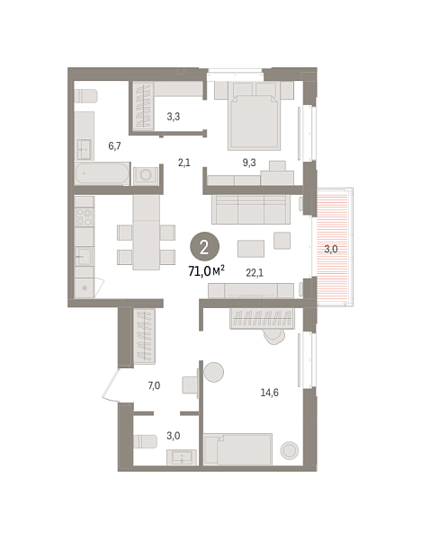 Новая 2-к квартира
 71.02 м² на 6/8 этаже в ЖК «Кварталы «На Минской»» в городе Тюмень 