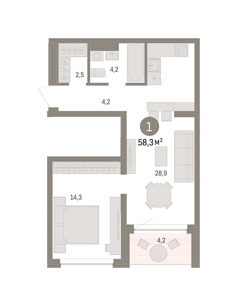Новая 1-к квартира
 58.31 м² на 2/8 этаже в ЖК «Европейский квартал» в городе Тюмень 
