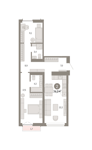 Новая 2-к квартира
 74.03 м² на 6/7 этаже в ЖК «Республики 205» в городе Тюмень 