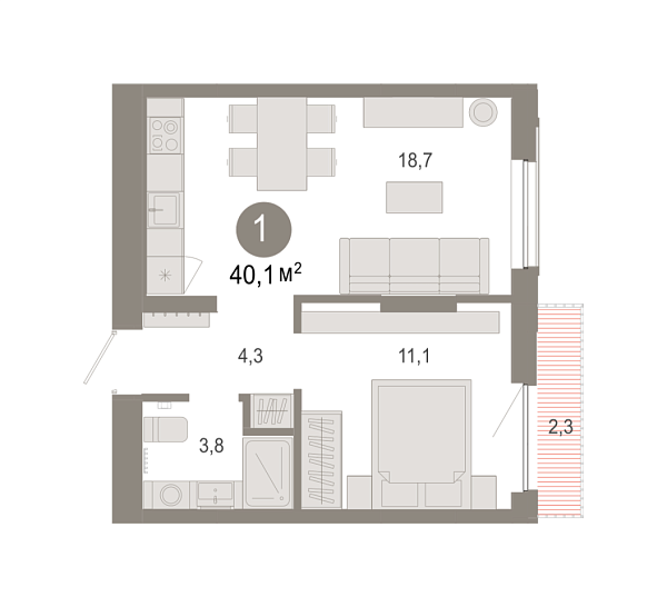 Новая 1-к квартира
 40.1 м² на 4/7 этаже в ЖК «Октябрьский на Туре» в городе Тюмень 