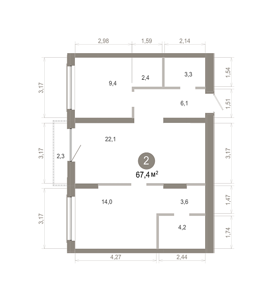 Количество комнат: 2,  67.38 кв.м.
