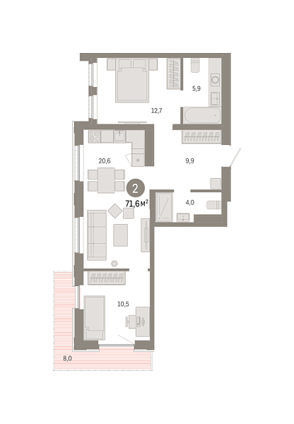 Новая 2-к квартира
 71.57 м² на 9/25 этаже в ЖК «Октябрьский на Туре» в городе Тюмень 