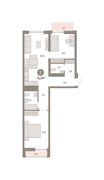 Новая 2-к квартира
 71.1 м² на 4/10 этаже в ЖК «Речной порт» в городе Тюмень 