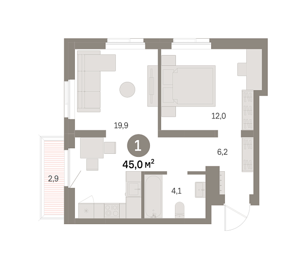 Новая 1-к квартира
 44.98 м² на 5/9 этаже в ЖК «Шишимская горка» в городе Тюмень 