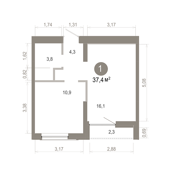 Количество комнат: 1,  37.39 кв.м.