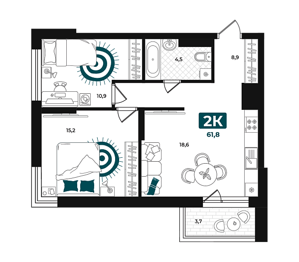 Новая 2-к квартира
 61.8 м² на 8/23 этаже в ЖК «Добро» в городе Тюмень 