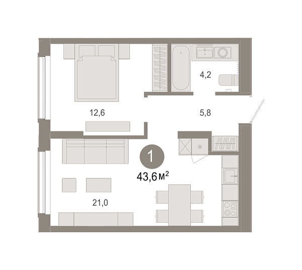 Новая 1-к квартира
 43.63 м² на 2/17 этаже в ЖК «Октябрьский на Туре» в городе Тюмень 