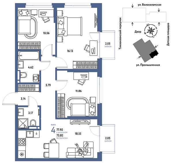 Новая 4-к квартира
 77.92 м² на 9/20 этаже в ЖК «Страна.Прибрежная» в городе Тюмень 